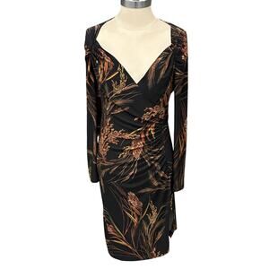 Norman Kamali Faux Wrap Long Sleeve Black Dress Deep V Neck‎ Small